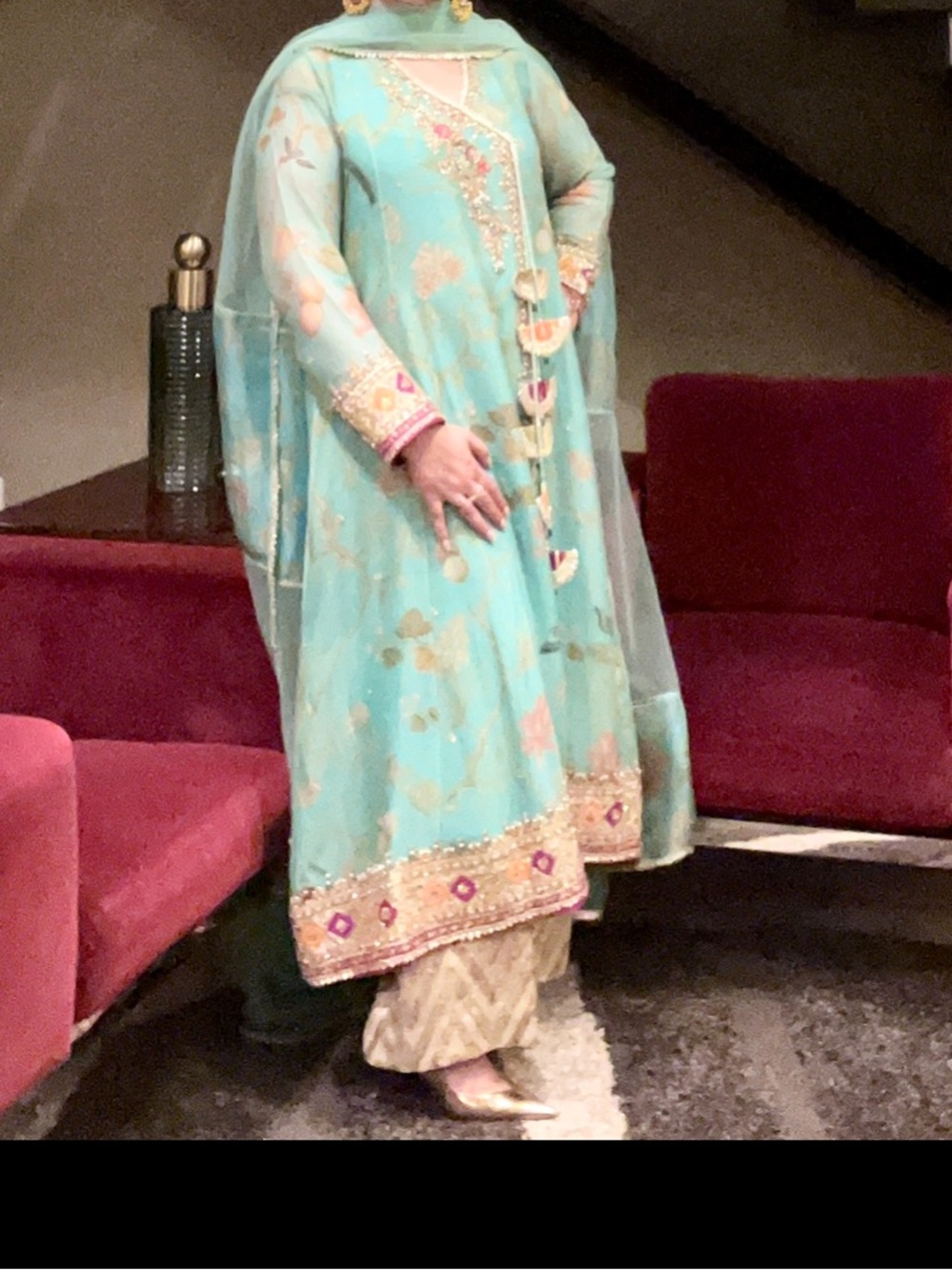 Embellished Light Teal Long-Sleeve Women's Dress